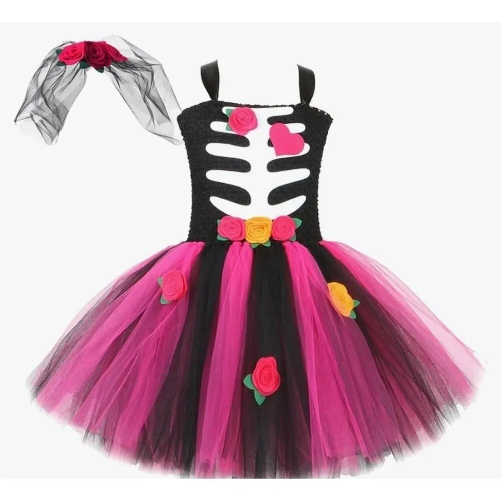 O'Cocolour Girls' Tutu Tulle & Knit Skeleton Costume‎ Halloween SZ Large(5-7yrs)